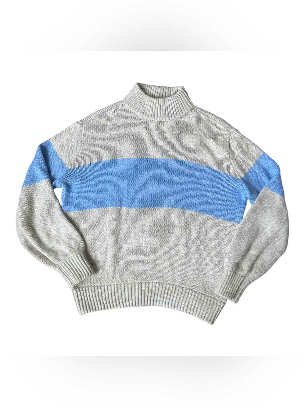 Aerie Soft Knit Blue and Beige Mock Neck Oversized Sweater XS